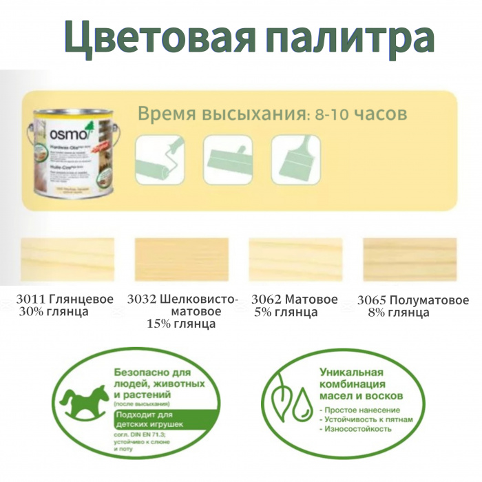 Масло-воск OSMO/ОСМО 3062 Масло матовое 0,75л. Цвет- Бесцветный, Область применения Внутренняя отделка, Тип продукта- Масло с твердым воском, Степень глянца - Матовое, Производитель - OSMO/ОСМО, Расход 1л/м2 24, Количество слоев Для неокрашенной древесины – 2 слоя, Объём банки 0,75 л , Цвет производителя 3062, Вес, кг 0,75, Материал обработки Дерево, Нанесение Ветошь/Валик/Кисть/Распылитель, Время высыхания часов 24, Объем, л 0,75, Для детской комнаты Да, Колеровка Да, Вид покрытияБесцветный, Основа Маслянная, Количество компонентов Однокомпонентные